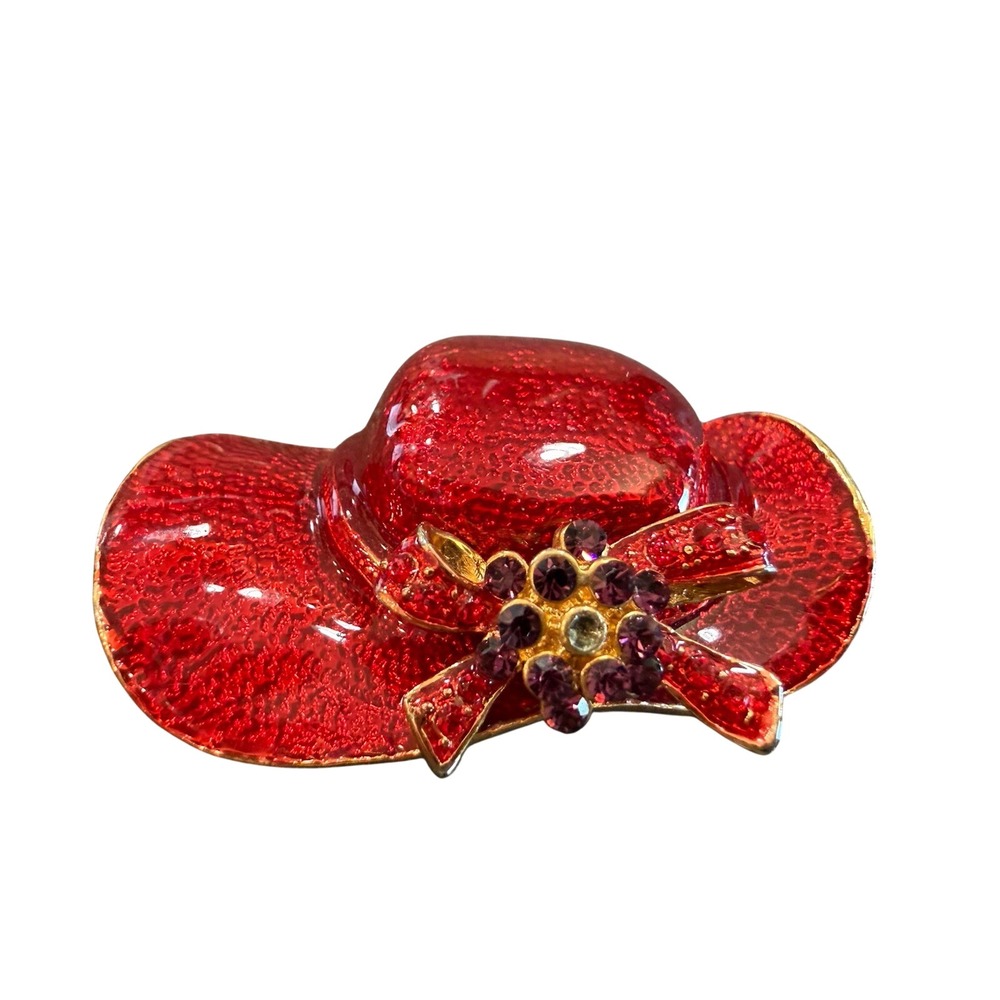 Vintage Red Enamel Hat Brooch Gold Tone Rhinestone Flower & Bow Glossy Shine